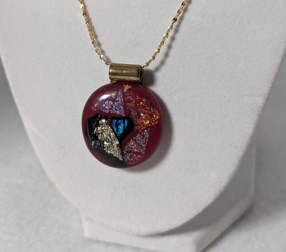 Wine color fused glass pendant and  23"GP chain.Bail is brass Artisan/Handmade